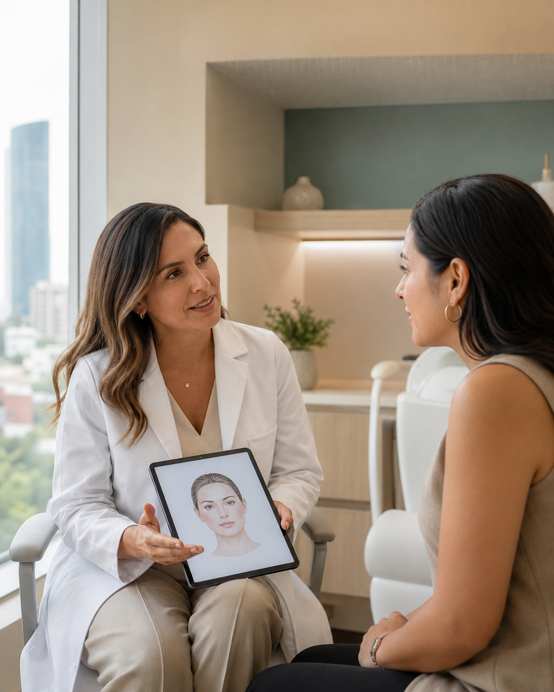 Dermatóloga durante una consulta de valoración facial personalizada